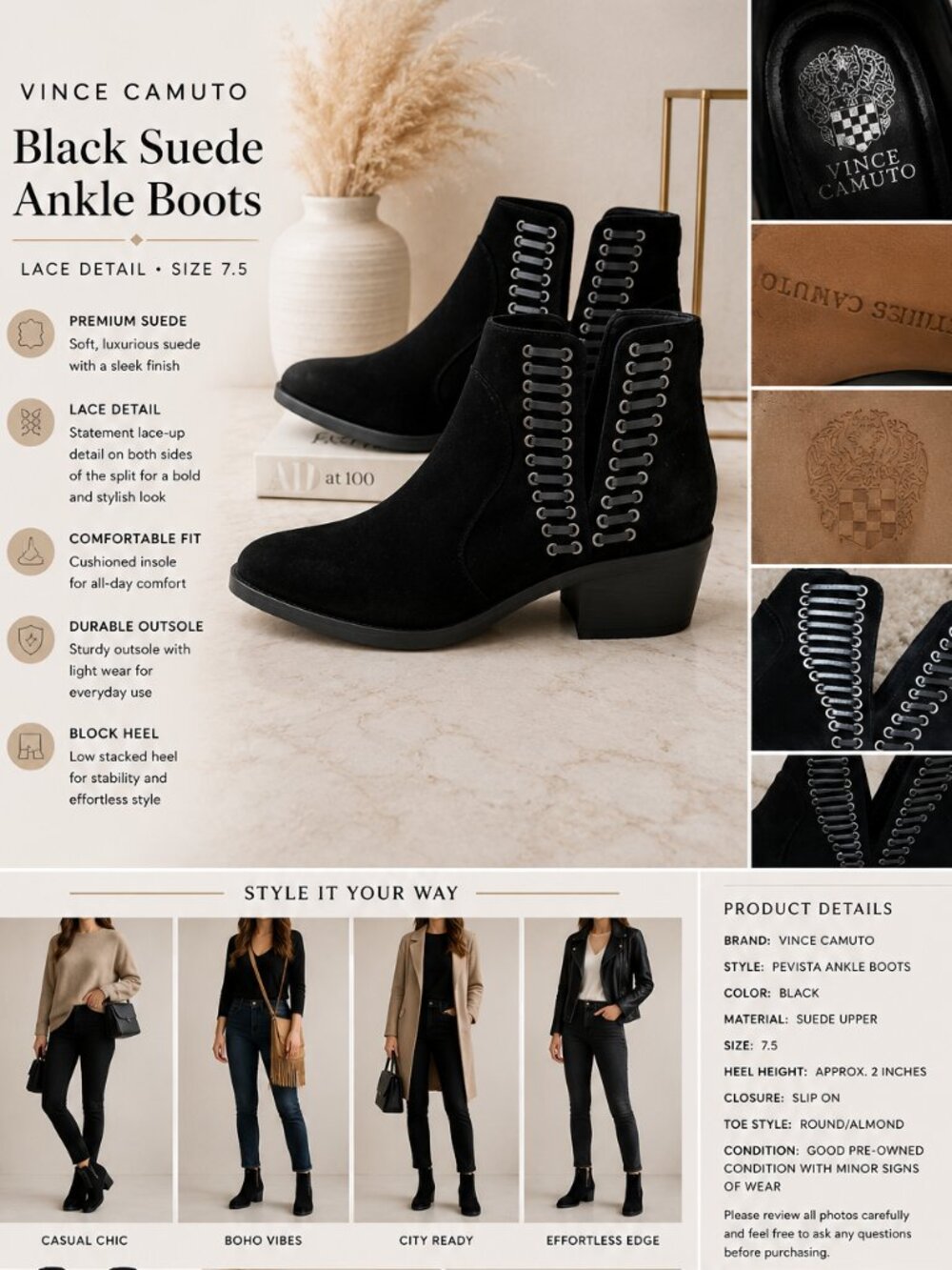Vince Camuto Black Suede Ankle Pevista Boots Lace Detail Size 7.5